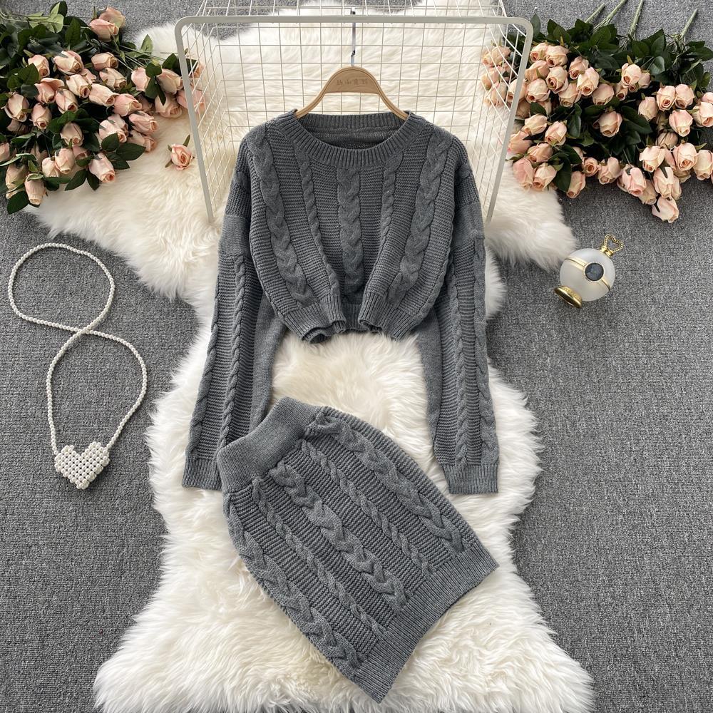 Women's Vintage Long Sleeve Twist Sweater High Waist Skirt Set