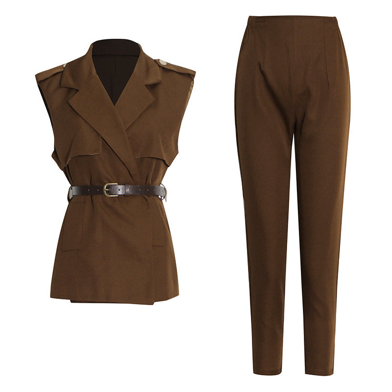 Western Style Stitching Short Suit Waistcoat High-waist Straight-leg Pants
