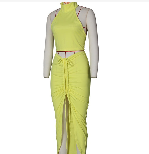 Hollow New Lace-up Solid Color Round Neck Cropped Halter Top With Drawstring Half Skirt Suit