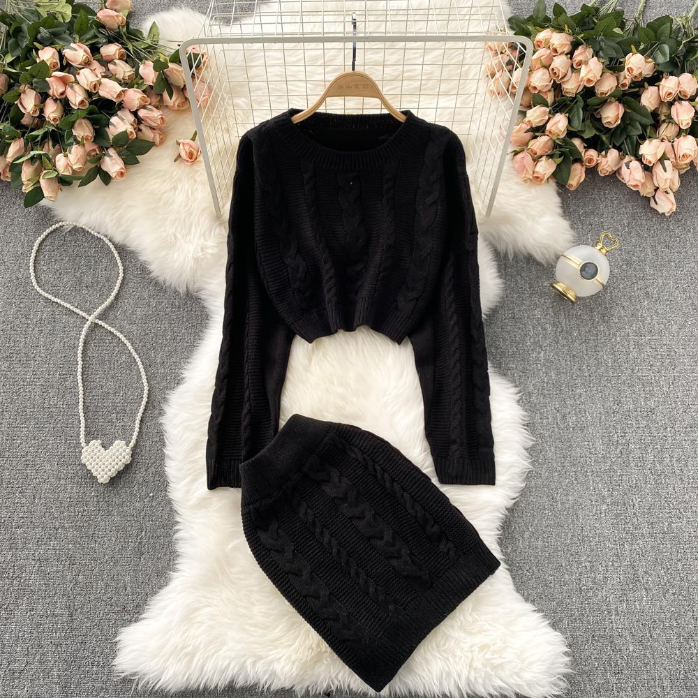 Women's Vintage Long Sleeve Twist Sweater High Waist Skirt Set