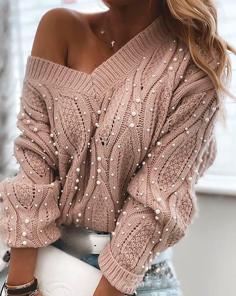 Cross border new European and American women's Pink V-neck bubble bead sweater