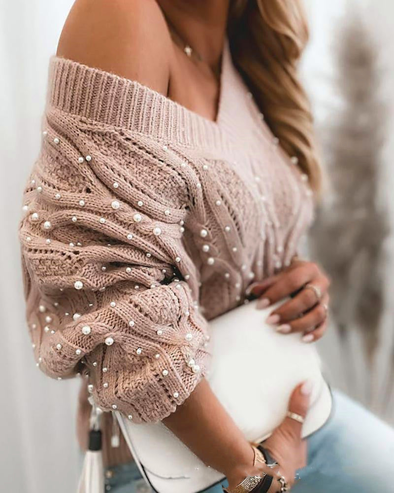 Cross border new European and American women's Pink V-neck bubble bead sweater