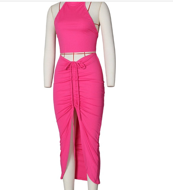 Hollow New Lace-up Solid Color Round Neck Cropped Halter Top With Drawstring Half Skirt Suit