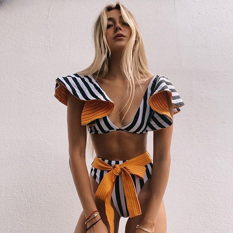 Flounce Strap High Waist Split Bikini Swimsuit Woman