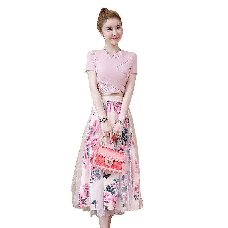 Summer New Women'S Sexy T-Shirt High Waist Mid-Length Mesh Printing Half-Length Skirt Two-Piece Suit