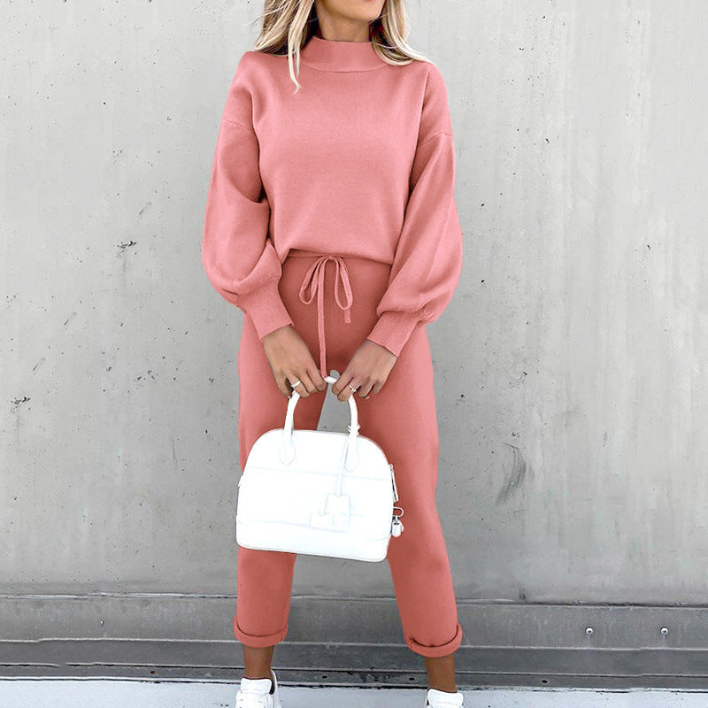 Fashion high collar casual solid color trousers two-piece suit