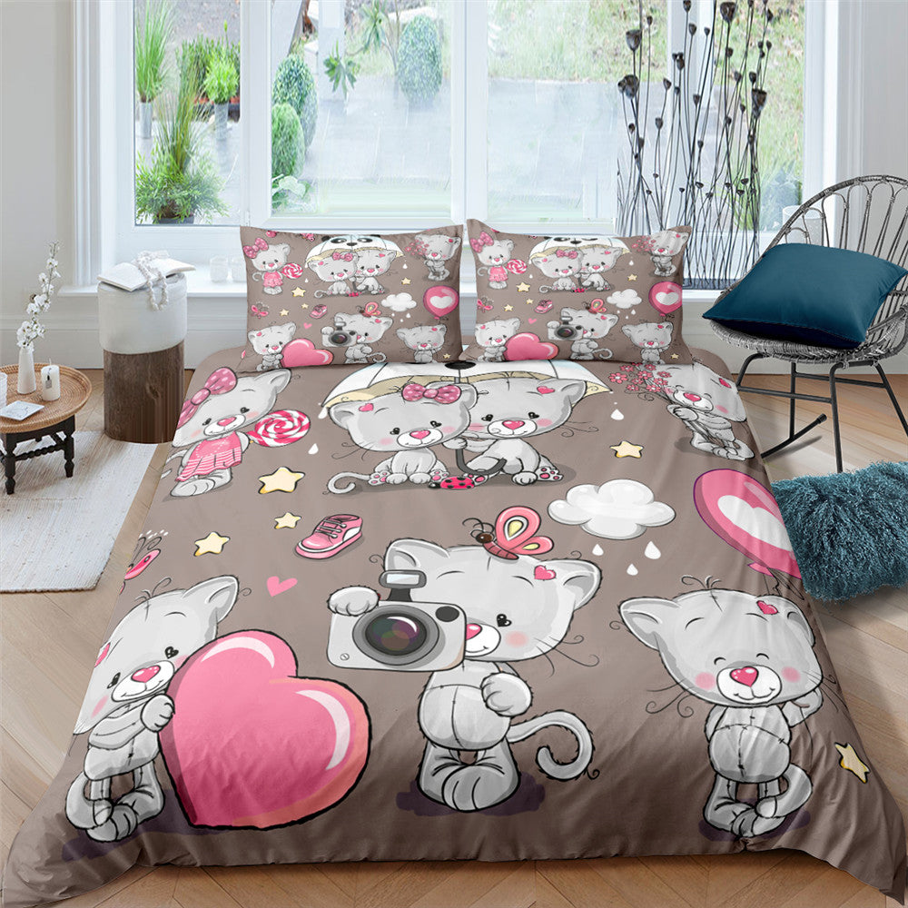 3D Digital Printing Plaid Bear Quilt Cover Three-piece Set And Four-piece Bed Sheet Set