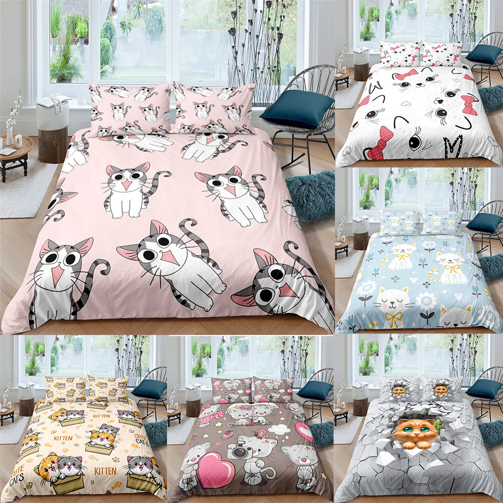 3D Digital Printing Plaid Bear Quilt Cover Three-piece Set And Four-piece Bed Sheet Set