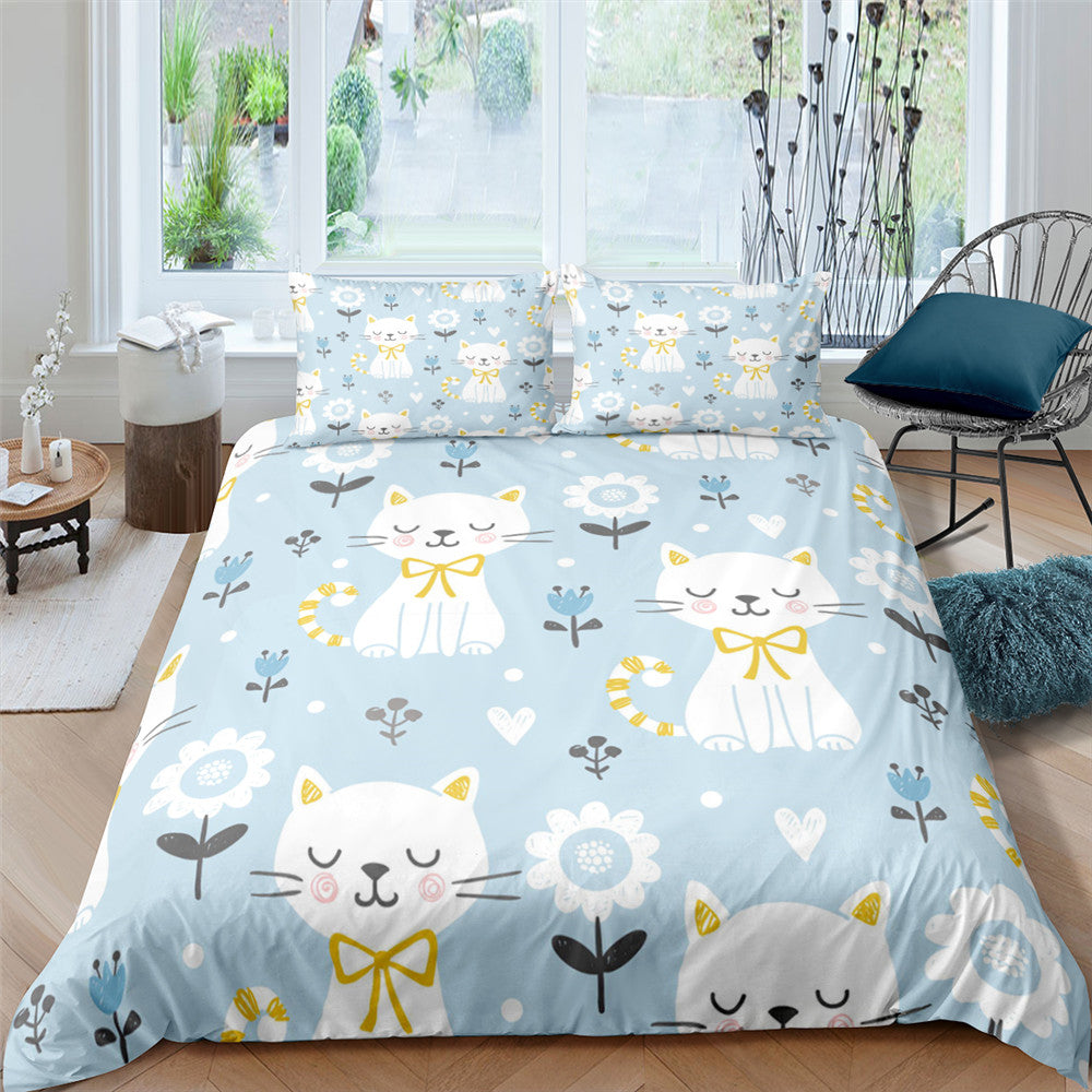 3D Digital Printing Plaid Bear Quilt Cover Three-piece Set And Four-piece Bed Sheet Set