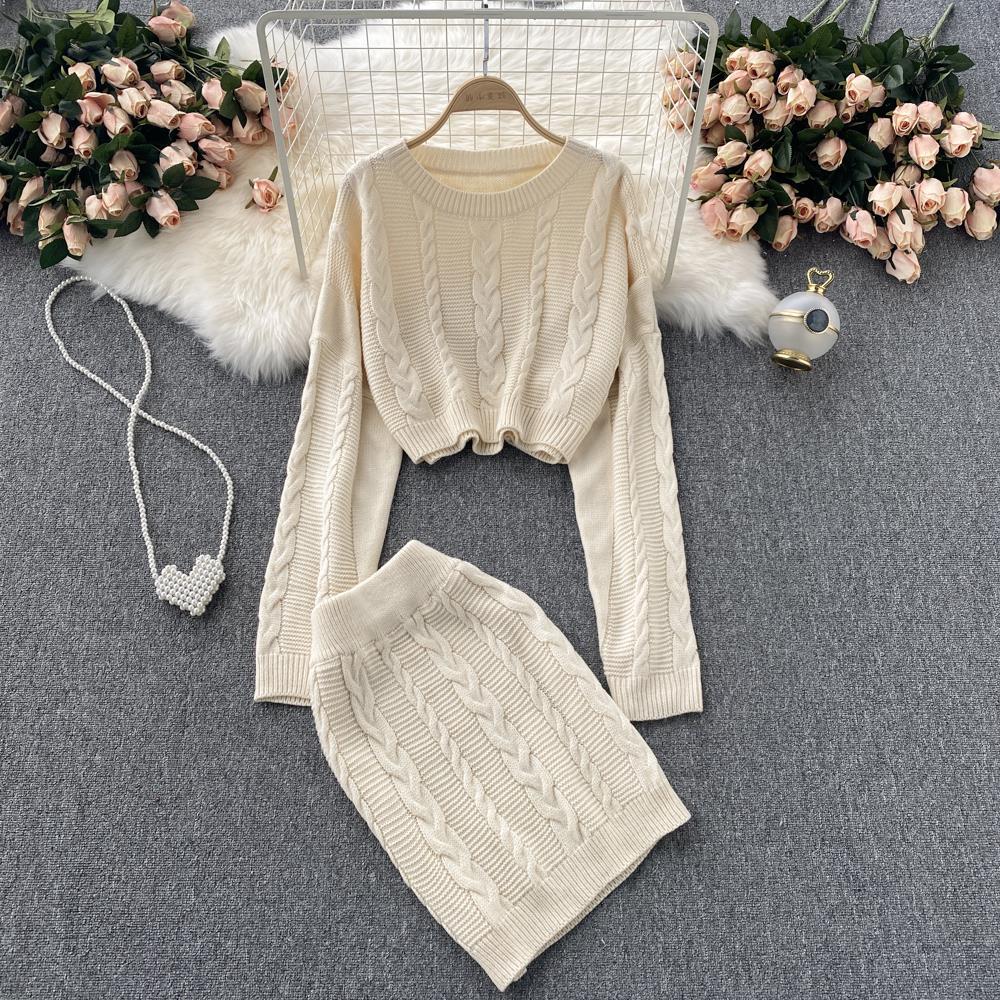 Women's Vintage Long Sleeve Twist Sweater High Waist Skirt Set