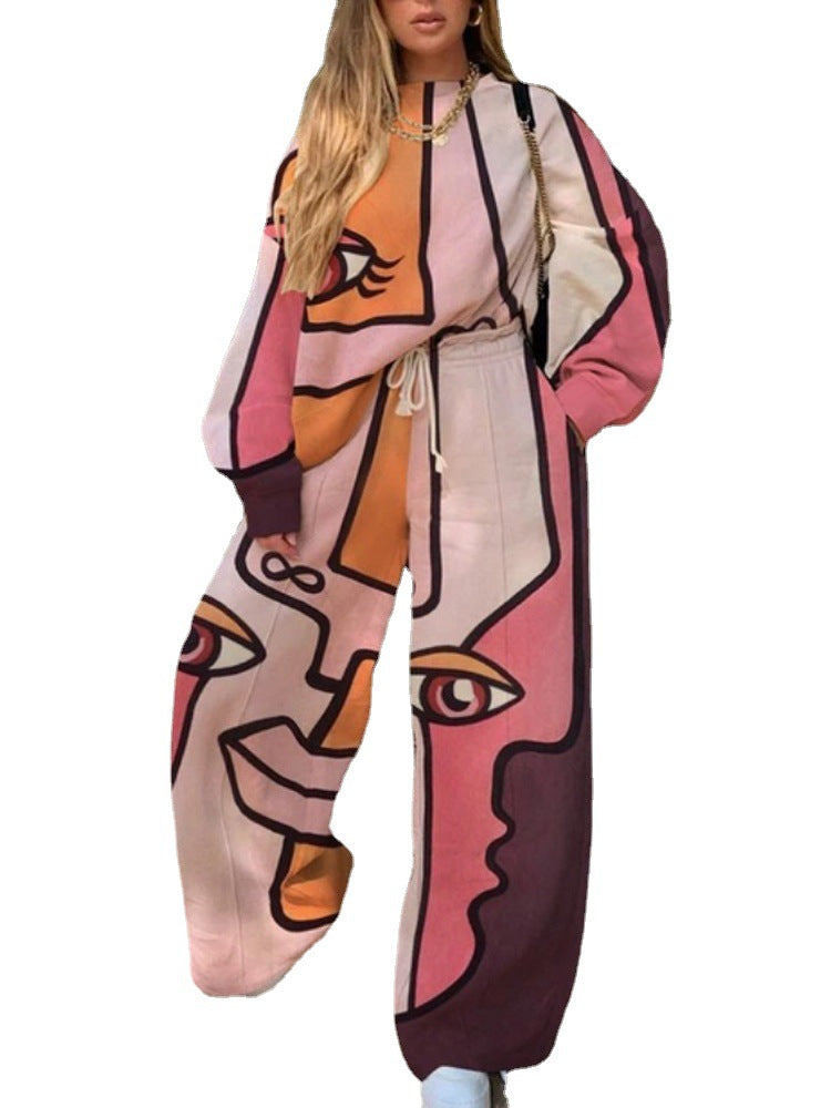 New Women's Casual Round Neck Loose Printed Sweatshirt Set