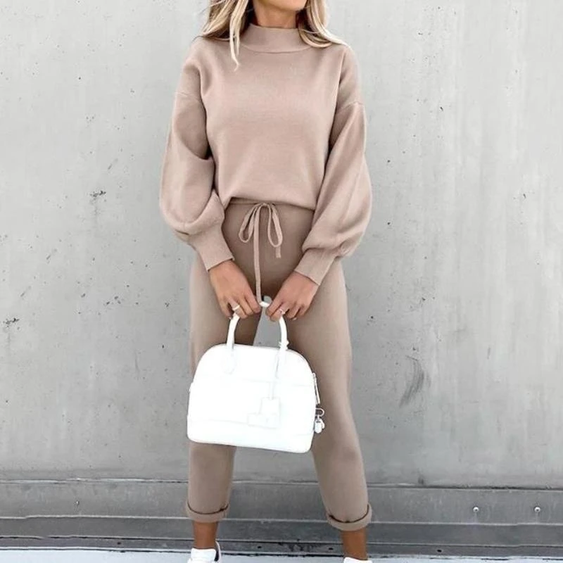 Fashion high collar casual solid color trousers two-piece suit