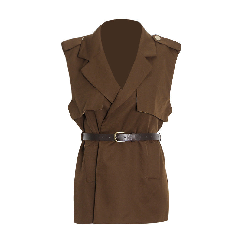 Western Style Stitching Short Suit Waistcoat High-waist Straight-leg Pants
