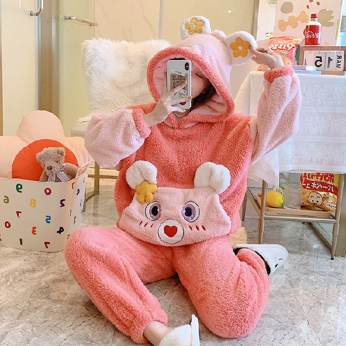 Women's Thickened Flannel Pajamas Hooded Loungewear Set