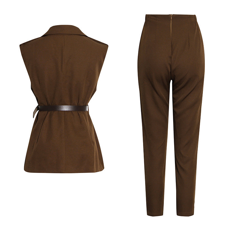 Western Style Stitching Short Suit Waistcoat High-waist Straight-leg Pants