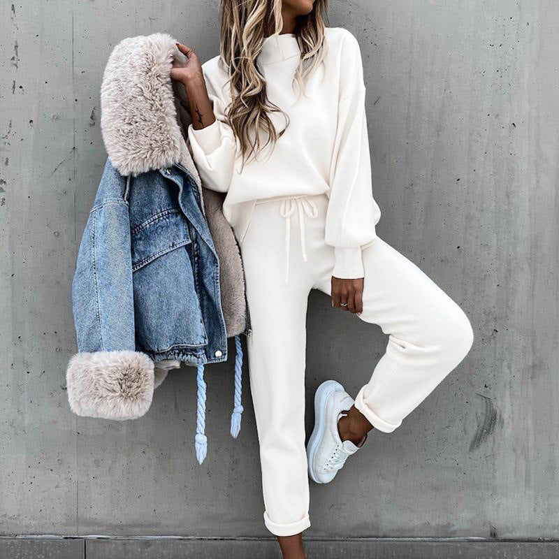 Fashion high collar casual solid color trousers two-piece suit