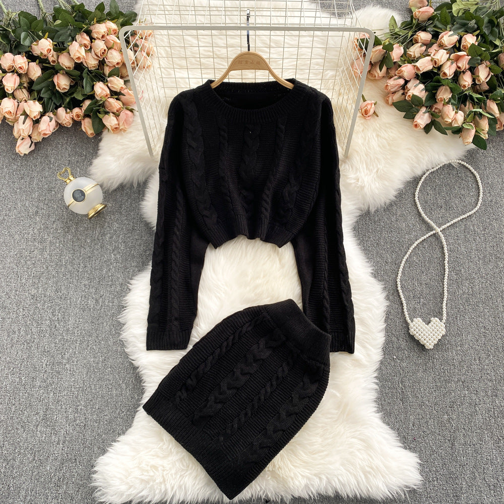 Women's Vintage Long Sleeve Twist Sweater High Waist Skirt Set