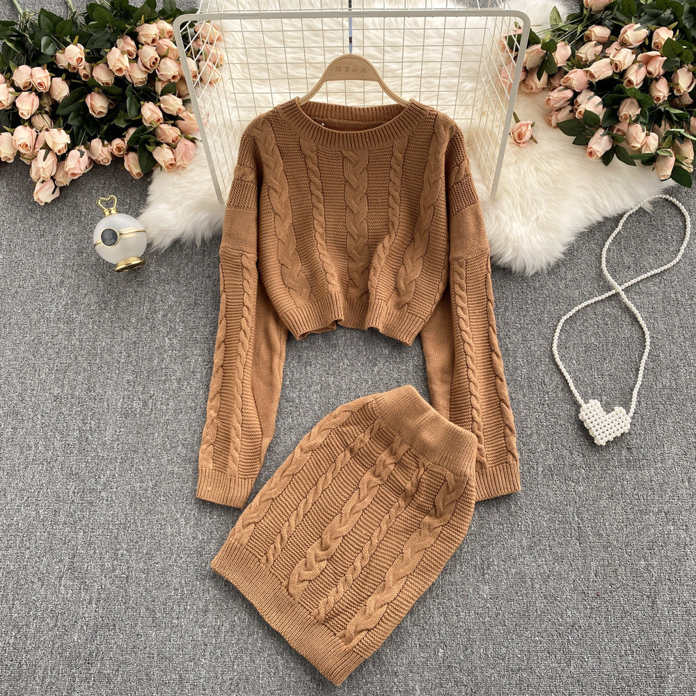 Women's Vintage Long Sleeve Twist Sweater High Waist Skirt Set