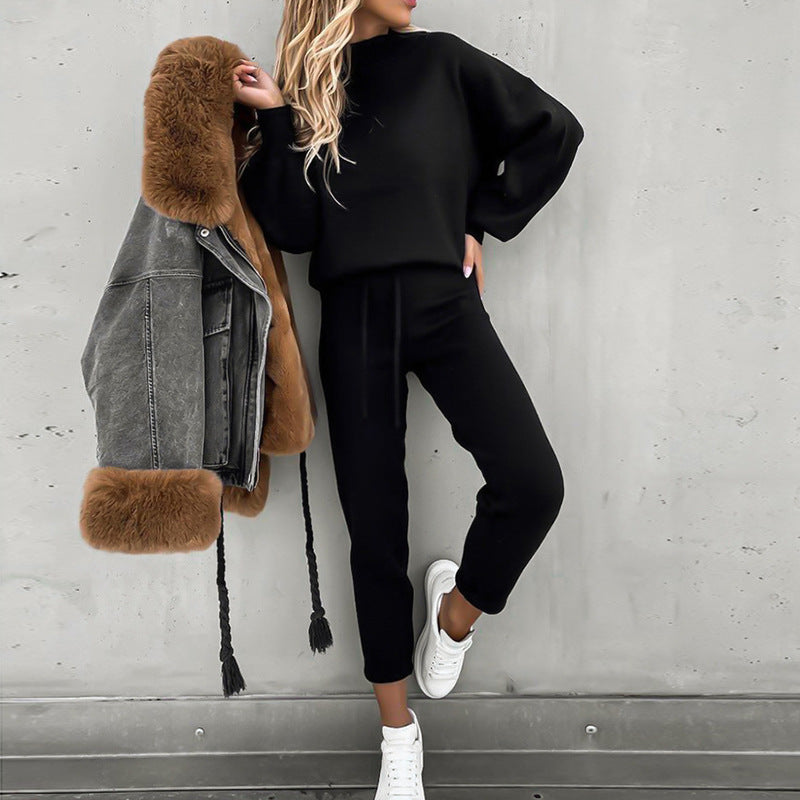 Fashion high collar casual solid color trousers two-piece suit