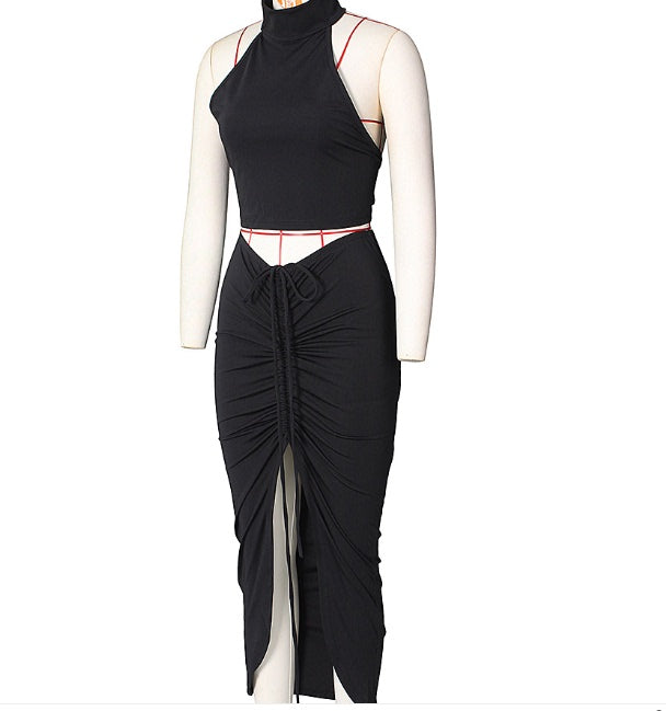 Hollow New Lace-up Solid Color Round Neck Cropped Halter Top With Drawstring Half Skirt Suit