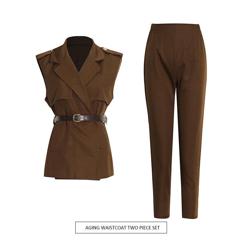 Western Style Stitching Short Suit Waistcoat High-waist Straight-leg Pants
