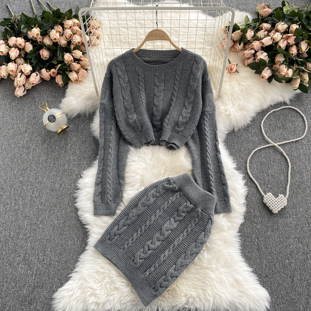 Women's Vintage Long Sleeve Twist Sweater High Waist Skirt Set