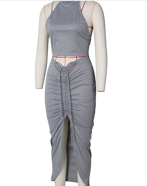 Hollow New Lace-up Solid Color Round Neck Cropped Halter Top With Drawstring Half Skirt Suit