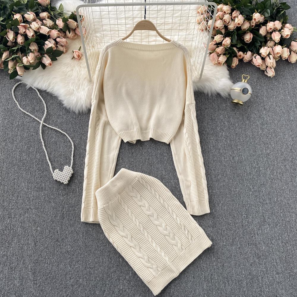 Women's Vintage Long Sleeve Twist Sweater High Waist Skirt Set