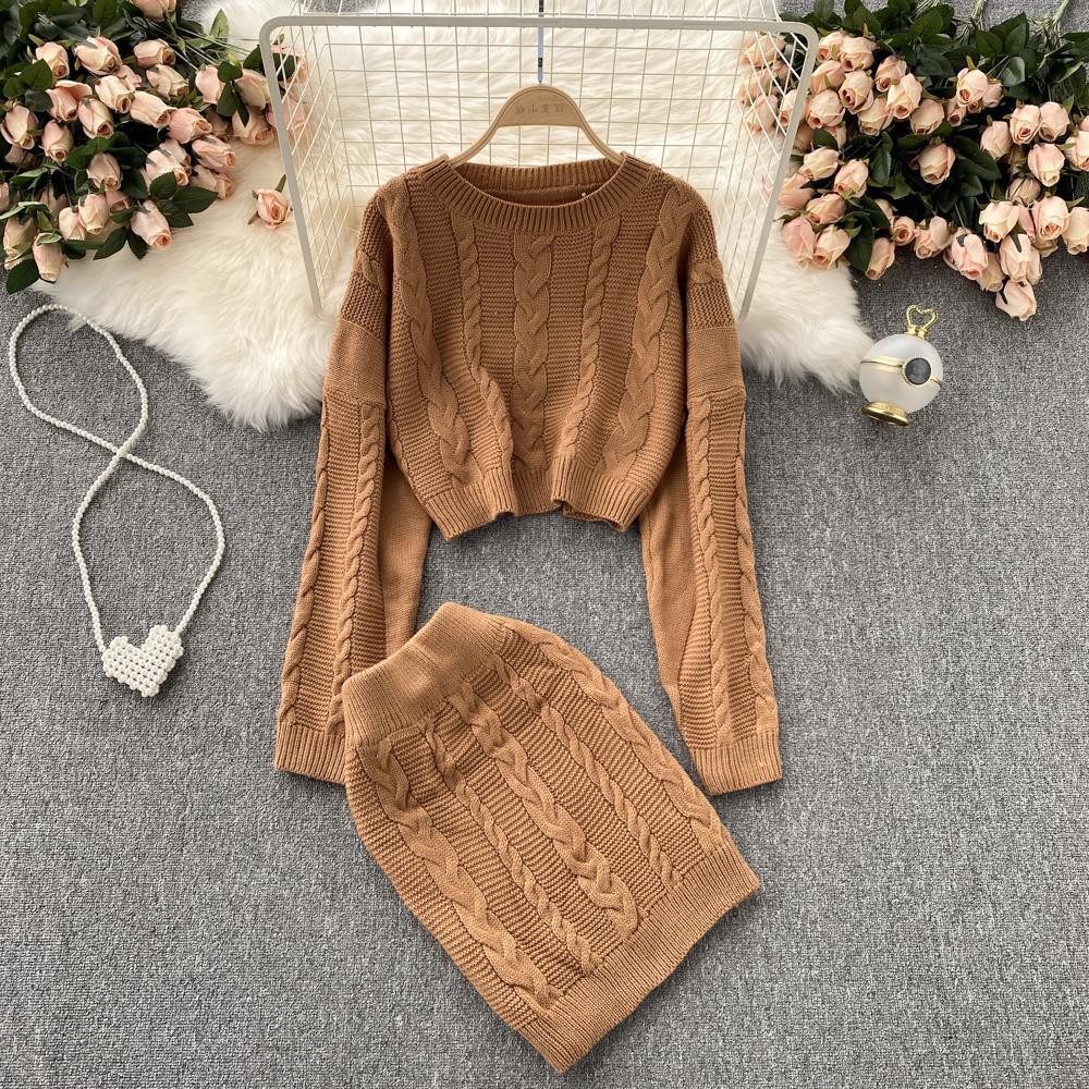 Women's Vintage Long Sleeve Twist Sweater High Waist Skirt Set