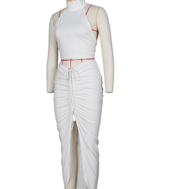 Hollow New Lace-up Solid Color Round Neck Cropped Halter Top With Drawstring Half Skirt Suit