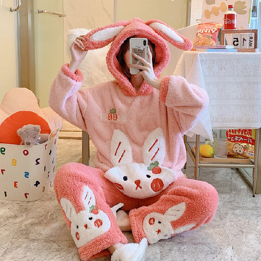 Women's Thickened Flannel Pajamas Hooded Loungewear Set