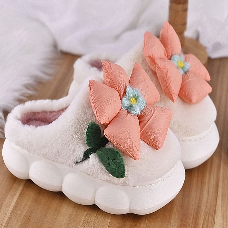 Women Flower Cotton Slippers With Plush Insulation And Thick Bottom Plush