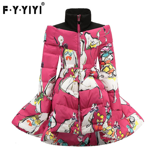European And American New Down Jacket Warm Printing Waist Bow Big Skirt Children's Winter Clothing
