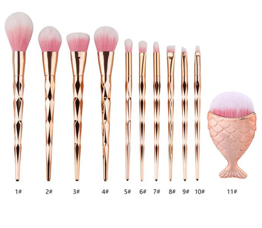 11Pcs Diamond Fish Makeup Brush Set Foundation Blend Power Eyeshadow Contour Concealer Blush Cosmetic Beauty Make Up