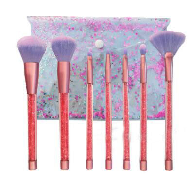 7Pcs Beautiful Makeup brushes, blue hair pink crystal shank make-up suit diamond series makeup brush