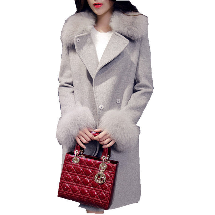 Slim long woolen coat with cotton wool collar and waist