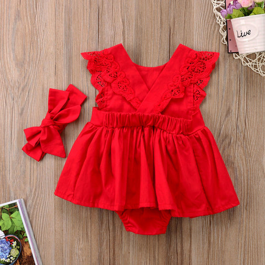 Frilled Red Lace One-Piece Dress For Girls