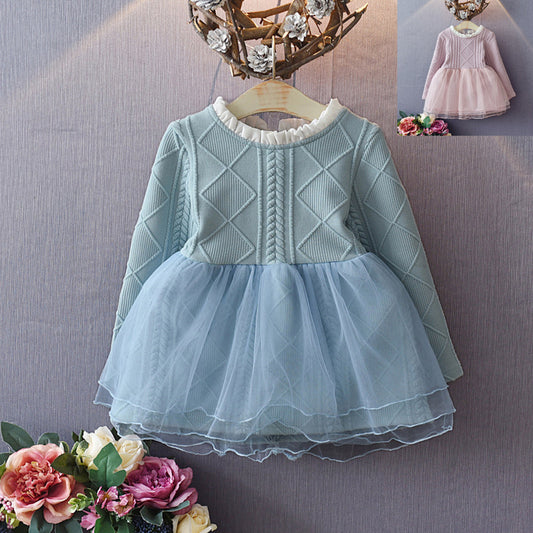 Girls' Dresses With Long Sleeves Splicing Mesh Tulle Tutu