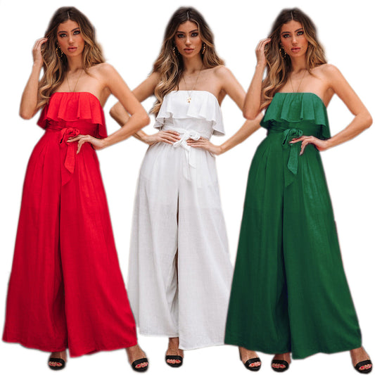 Sexy Tube Top High Waist Wide Leg Casual Trousers Suit Belted Pants Jumpsuit