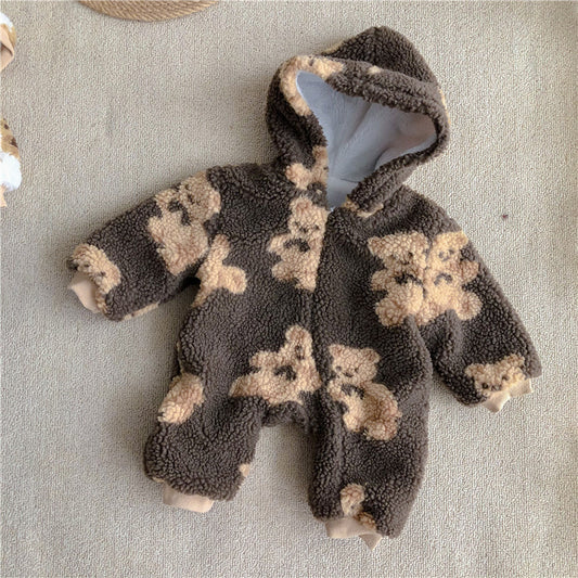 Winter Men's And Women's Baby Onesies Cute Bears Plus Velvet Thick Warm Jacket Baby Boy