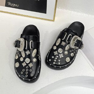 women Toe Cap Semi Slipper New British Retro Platform Rivet Flat Shoes