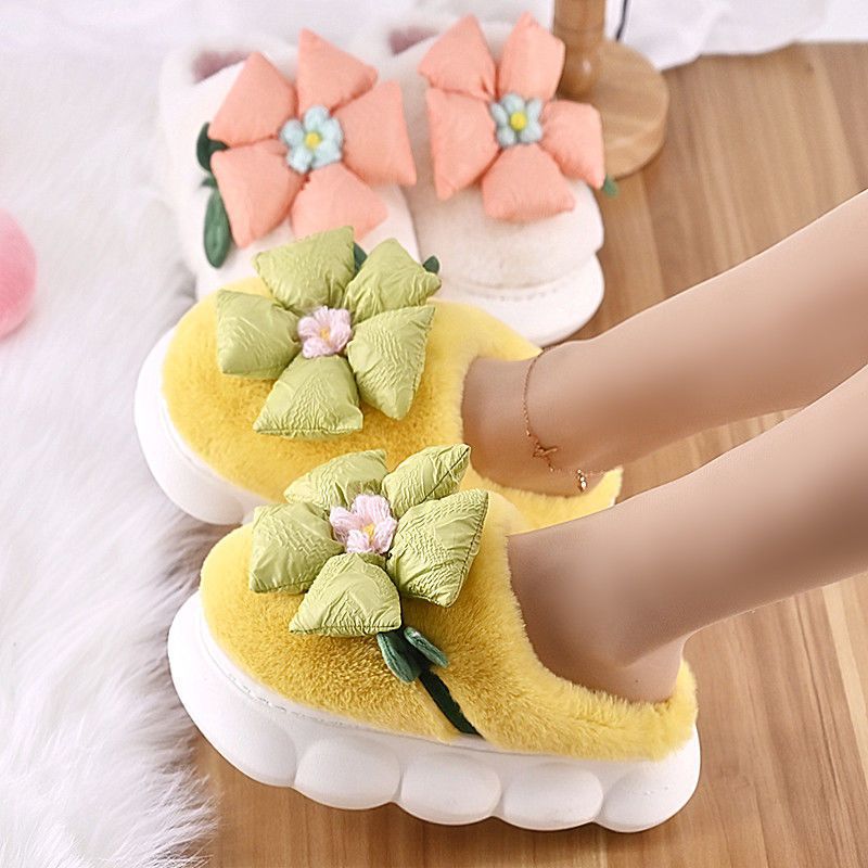 Women Flower Cotton Slippers With Plush Insulation And Thick Bottom Plush