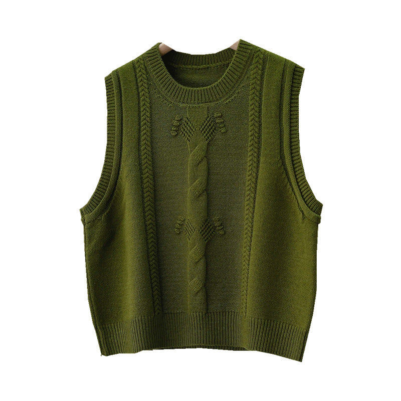 Vintage Green Crewneck Twist Shirt With Knit Women's Vest Folded Wear