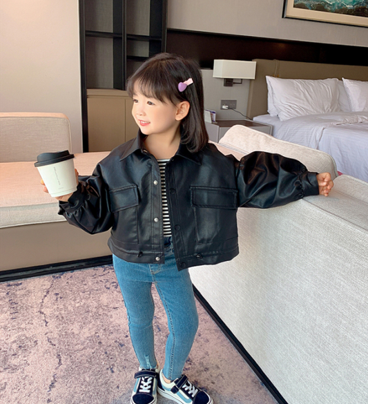 New Children's Spring And Autumn Style Foreign Girl Baby Loose Casual PU Leather Jacket