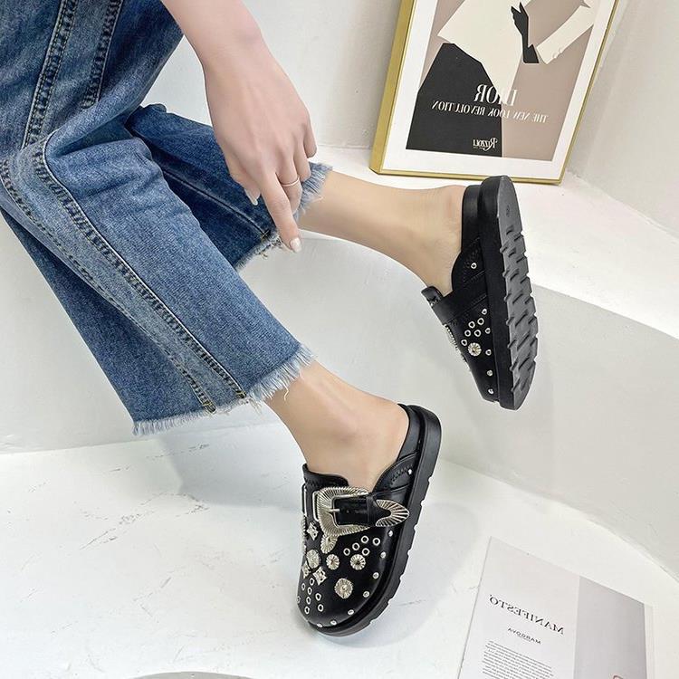 women Toe Cap Semi Slipper New British Retro Platform Rivet Flat Shoes