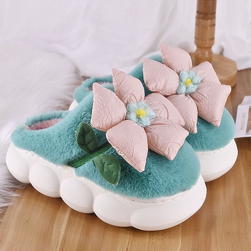 Women Flower Cotton Slippers With Plush Insulation And Thick Bottom Plush