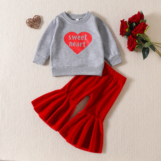 Letter Love Sweater Velvet Flared Pants Girls Two-piece Set