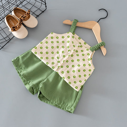 Green Flower Camisole Top And  Shorts Two-piece Suit Girl