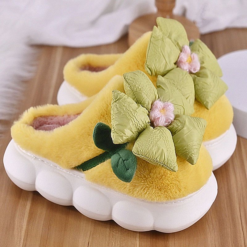 Women Flower Cotton Slippers With Plush Insulation And Thick Bottom Plush