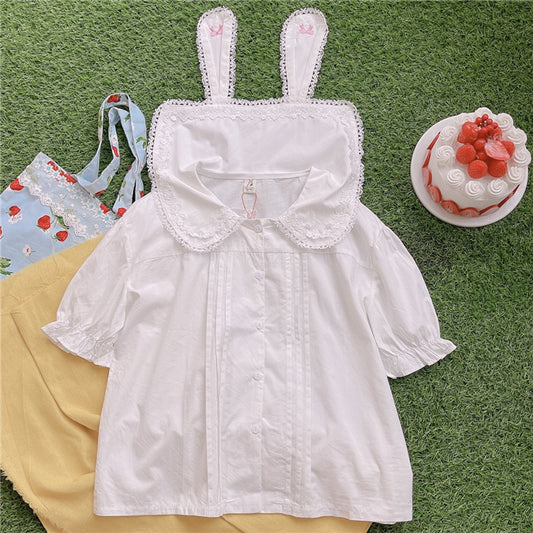 New Summer Doll Collar Rabbit Ears Bow Lace Border Cute Shirt Sweet Solid Color Top